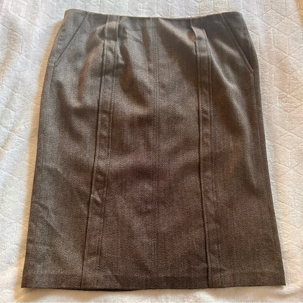 Calvin Klein Wool Blend Brown Herringbone Pencil Skirt Belt Loops Career Size 14